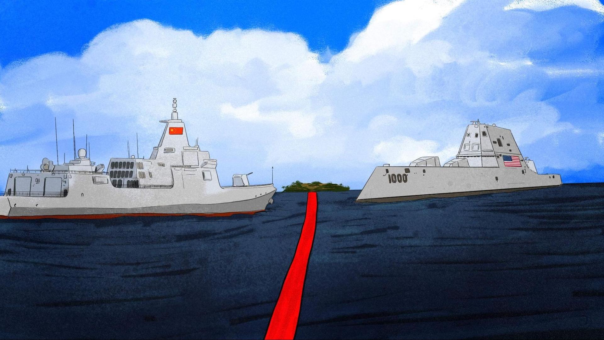 An illustration by Alex Santafe depicting Chinese and US destroyers and a line in the middle of the Pacific Ocean