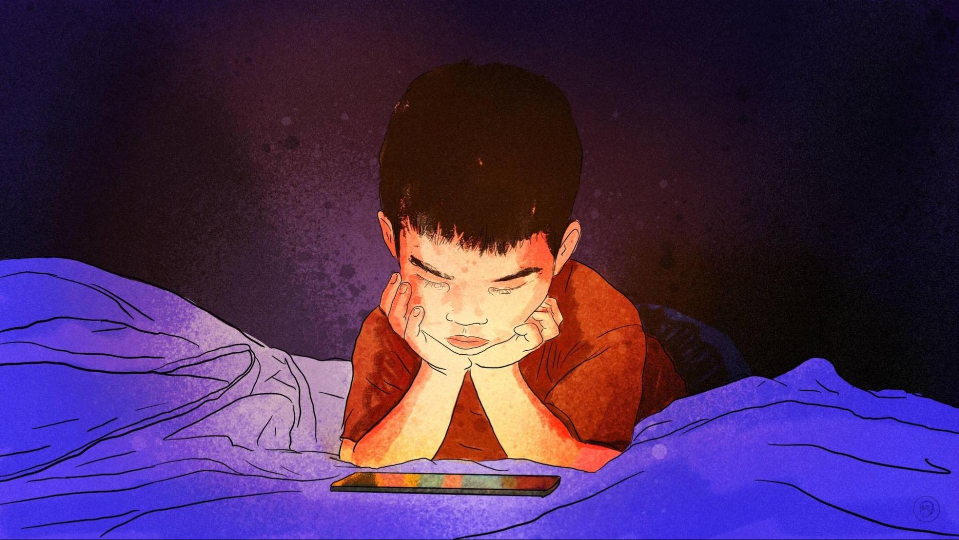 An illustration by Alex Santafe depicting a young boy watching a smartphone screen at night