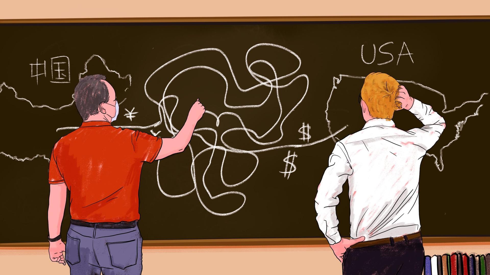 An illustration by Alex Santafe depicting two scholars discussing China - US investments
