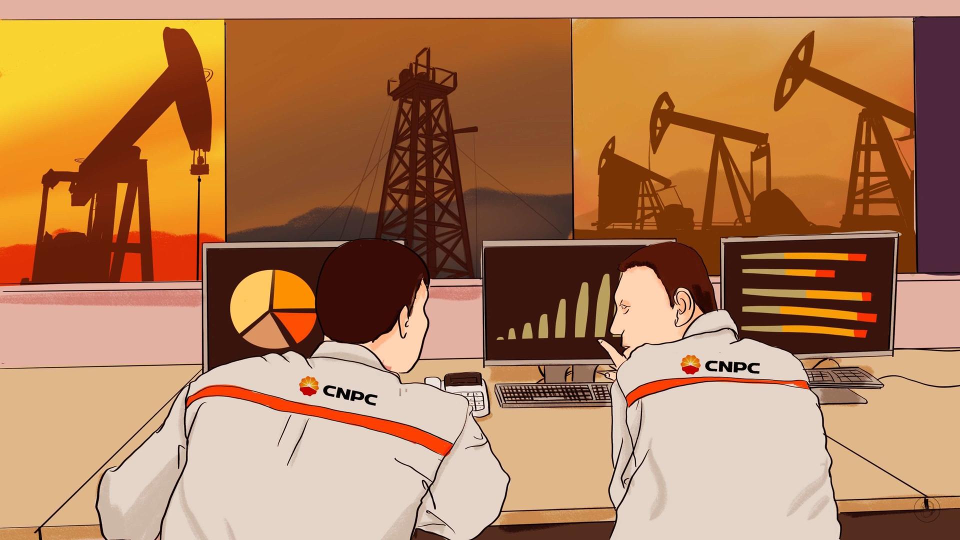 An illustration by Alex Santafe depicting a couple of workers on CNCP plant with screens showing automatized oil fields on the background