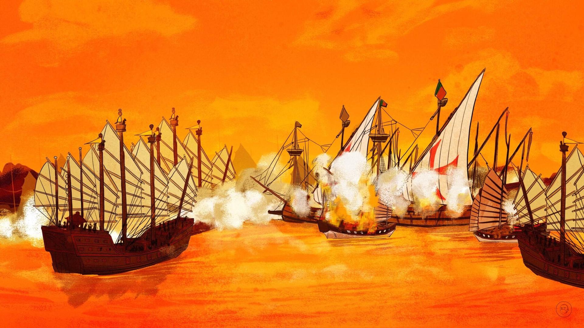 An illustration by Alex Santafe depicting a battle in the Pearl River between Portuguese and Ming Chinese