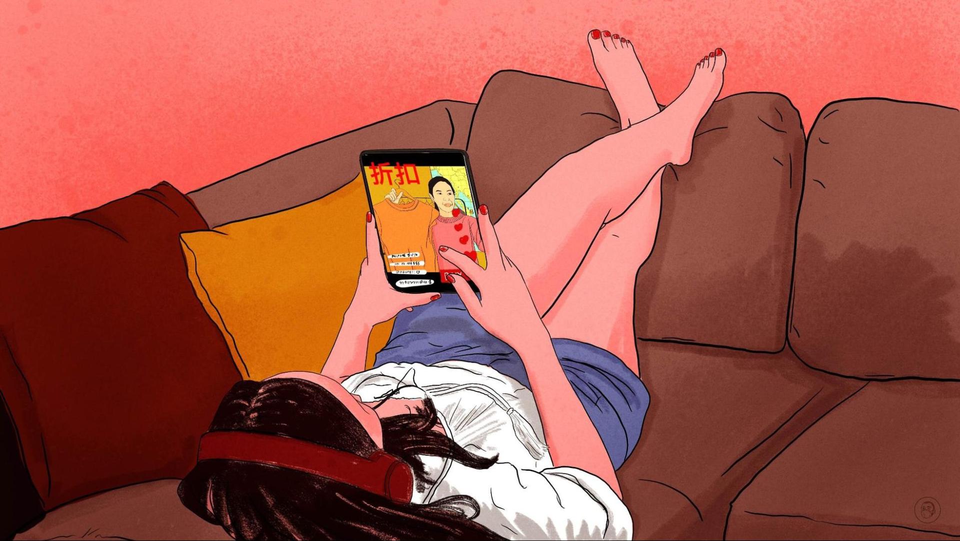 An illustration by Alex Santafe depicting chinese woman on the sofa watching a live streaming session